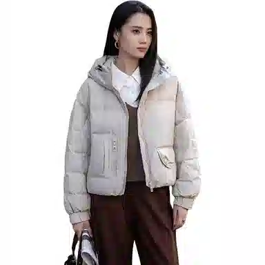 鸭鸭 纯色时尚休闲连帽简约宽松长袖羽绒服 女款