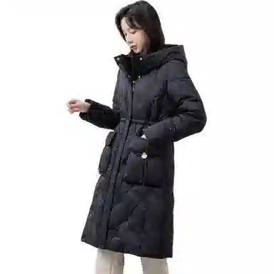 鸭鸭 纯色连帽拉链保暖中长款长袖羽绒服 女款