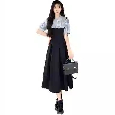 水中花 时尚拼接长裙夏季高级感微胖女显瘦修身收腰甜美可爱气质优雅简约百搭包臀裙短袖连衣裙 女款