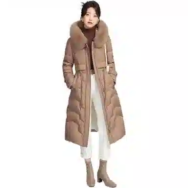 鸭鸭 纯色连帽拉链保暖中长款长袖羽绒服 女款