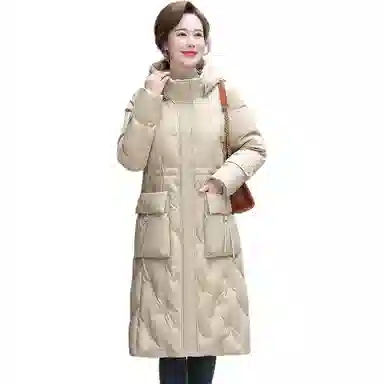 鸭鸭 纯色连帽拉链保暖中长款长袖羽绒服 女款