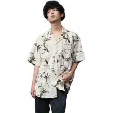 半空山 新中式透气百搭水墨复古花卉宽松凉感短袖衬衫 男女同款