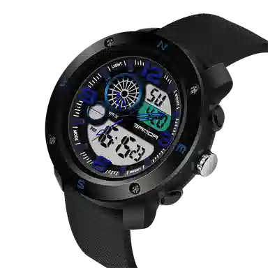 三达 时尚潮流学生腕表 电子+石英机芯 塑胶表带 国表 男表 黑色表盘 防水夜光