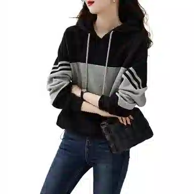 【dme】 通勤拼色宽松条纹拼接连帽减龄遮肉卫衣 女款 黑色