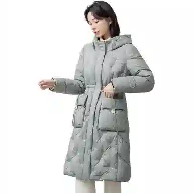 鸭鸭 纯色连帽拉链保暖中长款长袖羽绒服 女款