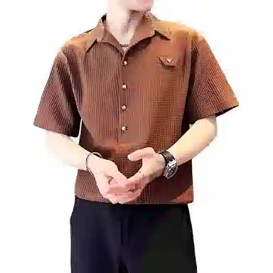 半空山 半空山复古港风褶皱纯色痞帅肌理感设计简约时尚百搭休闲宽松短袖衬衫 男女同款