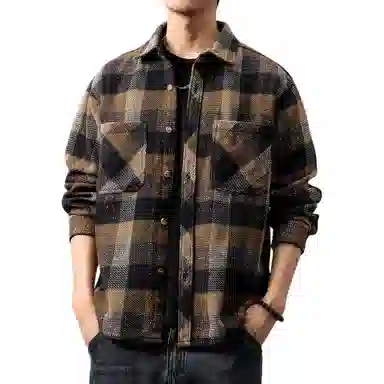 贵色 潮牌工装复古撞色翻领廓形立体剪裁美式时尚痞帅高端重磅色织格子长袖衬衫 男女同款