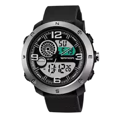 三达 时尚潮流学生腕表 电子+石英机芯 塑胶表带 国表 男表 黑色表盘 防水夜光