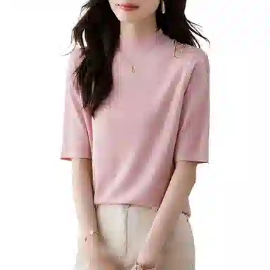 曲韩 半高领拼接纯色打底衫针织衫 女款