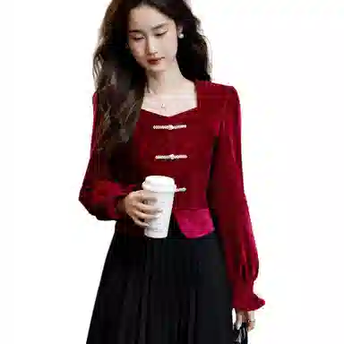 【dme】 纯色丝绒典雅方领珍珠盘扣荷叶边长袖衬衫 女款