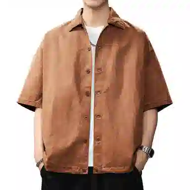 贵色 夏季 日系中性穿搭潮流复古水洗做旧短袖男士时尚纯色简约立体裁剪单排扣设计潮牌翻领休闲半袖衬衣外套衬衫 宽松 男款