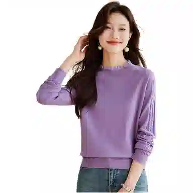 曲韩 纯色设计感蕾丝圆领打底长袖毛衣 女款