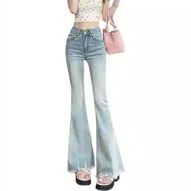 如续 美式复古毛边微喇修身高腰弹力拖地喇叭牛仔裤 女款