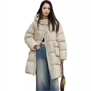 鸭鸭 纯色宽松连帽保暖中长款长袖羽绒服 女款
