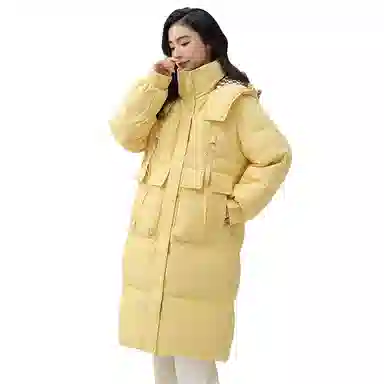 鸭鸭 中长款过膝立领连帽棋盘格撞色里衬韩版通勤时尚羽绒服 女款