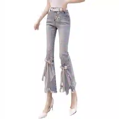 木清清 时尚高腰磨破不规则喇叭裤牛仔裤 女款