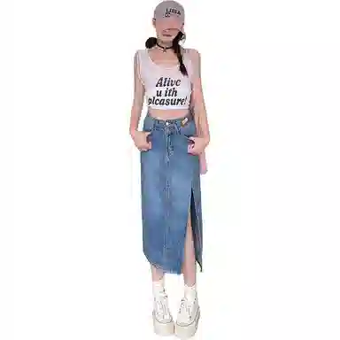 玫丝朵 小众设计感高腰开叉纯色休闲长裙 女款