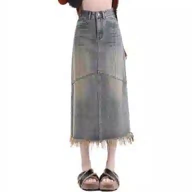 玫丝朵 水洗做旧毛边开叉牛仔长裙 女款 怀旧蓝