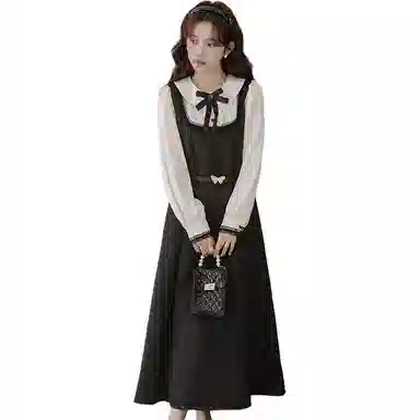 莫代尔 学院风撞色提花雪纺假两件长袖连衣裙 女款 黑茶灰