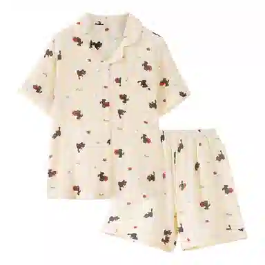 夏芬妍 甜美可爱卡通婴儿棉双层纱翻领短袖短裤家居服简约休闲可外穿睡衣套装 女款