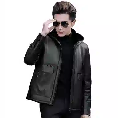富铤 纯色简约皮毛一体休闲防风连帽真皮皮衣 男款 黑色