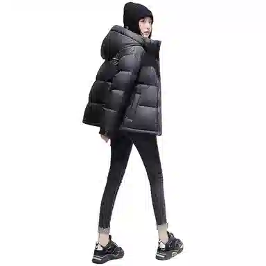 鸭鸭 撞色拼接休闲连帽长袖厚款保暖小个子面包服情侣外穿百搭羽绒服 女款