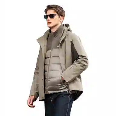 鸭鸭 鹅绒三合一系列 纯色山系户外远足防风防水保暖短款连帽登山羽绒服 男款