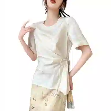 【dme】 纯色修身圆领套头休闲短袖衬衫 女款 米白