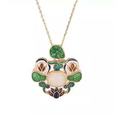 彤彤兔 国风古装旗袍配饰珐琅彩绘工艺荷叶莲花复古 铜 项链 女款