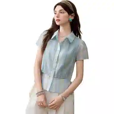 谜秀 渐变绿天丝夏季条纹常规短袖翻领法式衬衫 女款