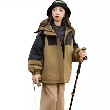 鸭鸭 童装 拼色夹棉连帽防水宽松中长款冲锋衣 儿童款