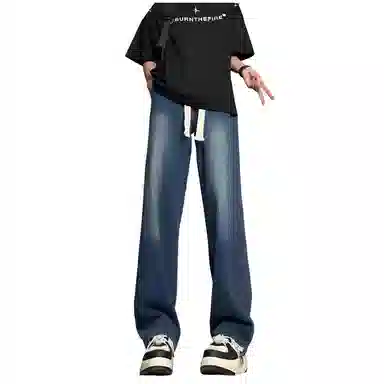 加菲猫家族 美式高街简约基础款复古水洗做旧宽松舒适休闲系带中腰校园学院风直筒垂感日常通勤百搭牛仔裤 男女同款