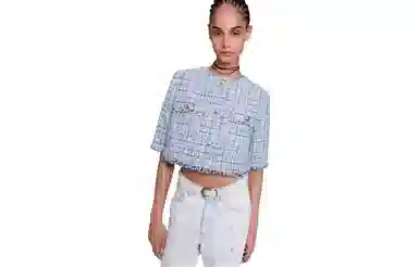 Maje FW23 Plaid Tweed Jacket Light Blue