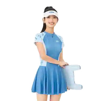 鸿星尔克 连体裙式修身连体泳装 女款 蓝色