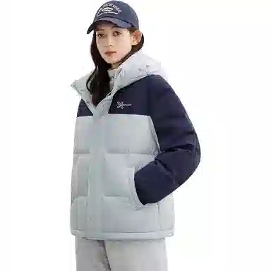 鸭鸭 拉链连帽撞色拼接情侣面包服防寒羽绒服 女款