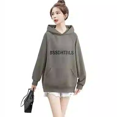 丝柏舍 连帽撞色字母图案上衣学院风减龄宽松长袖休闲加绒卫衣 女款 橄榄绿