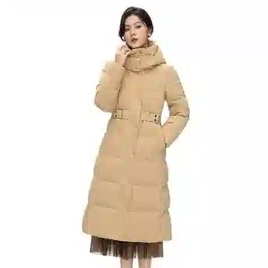 鸭鸭 纯色连帽拉链保暖长款羽绒服 女款