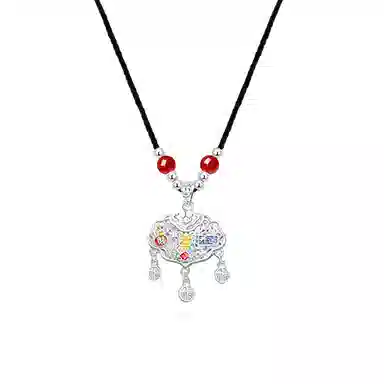 【999足银纯银】 七好美银 招财开运如意锁国风福字国潮平安锁新中式经典祥云转运招财纳福吊坠小众复古 玛瑙 项链 男女同款情侣款