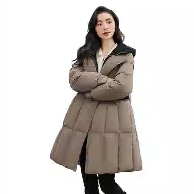 鸭鸭 纯色连帽拉链中长款假两件长袖羽绒服 女款