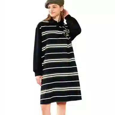 木果果木 小个子女生复古条纹时尚简约长袖连衣裙 女款