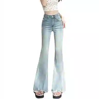 如续 美式复古毛边微喇修身高腰弹力拖地喇叭牛仔裤 女款