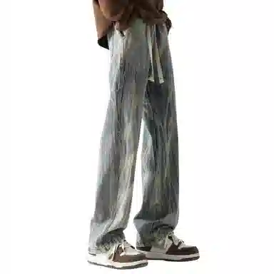 稻草人 基础款高街做旧泼墨舒适亲肤透气直筒长裤通勤百搭中腰宽松简约牛仔裤 男女同款