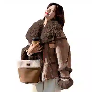 桴生 兔皮毛一体羊羔毛翻领时尚休闲保暖名媛风皮草 女款