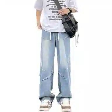 八哥 美式复古高街废土风褶皱设计水洗做旧宽松直筒弹力垂感阔腿显高显瘦微喇舒适直筒百搭工装裤休闲牛仔裤 男女同款