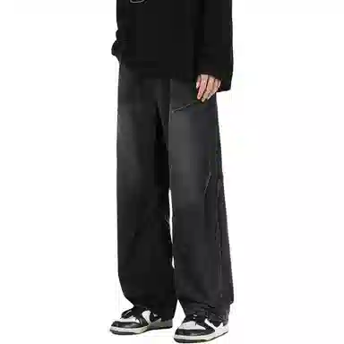 八哥 美式复古高街废土风褶皱设计水洗做旧宽松直筒弹力垂感阔腿显高显瘦微喇舒适直筒百搭工装裤休闲牛仔裤 男女同款