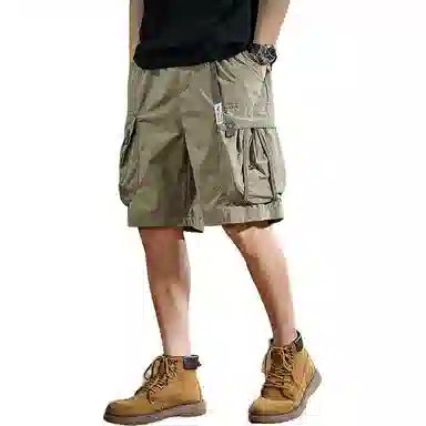 遨宇 美式潮牌机能宽松直筒中裤户外速干工装伞兵裤露营钓鱼纯色高级感松紧腰拼接透气弹力刺绣夏季休闲短裤 男女同款