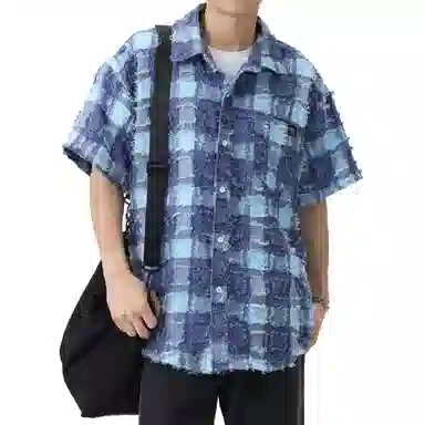 王者荣耀 美式复古格子流苏宽松舒适时尚百搭校园风少年感无性别休闲翻领纽扣短袖衬衫 男女同款