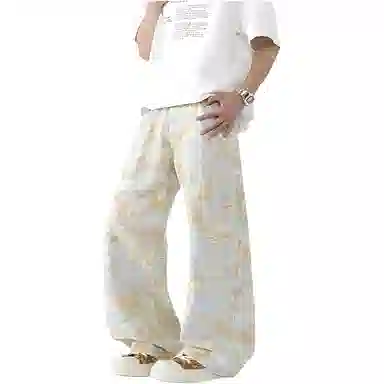 轻迎 扎染碎花牛仔小众设计感裤子直筒美式潮牌微喇弯刀裤休闲裤 男款