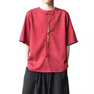 加荣 唐装中国风夏季薄款透气仿麻汉服短袖衬衫复古宽松盘扣立领潮流百搭大码青少年户外出行五分袖衬衣上衣 男女同款