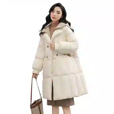 鸭鸭 纯色连帽拉链中长款假两件长袖羽绒服 女款